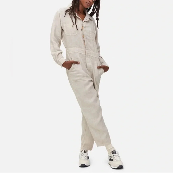 Mate the Label Linen Long Sleeve Jumpsuit Natural Small NWT Coastal Minimalist - Picture 11 of 11